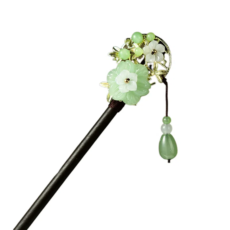 妖娆猫 国潮少女甜美桃花手工复古簪子 高级感头饰现代简约汉服旗袍配饰发钗古风步摇流苏木质 发簪 女款