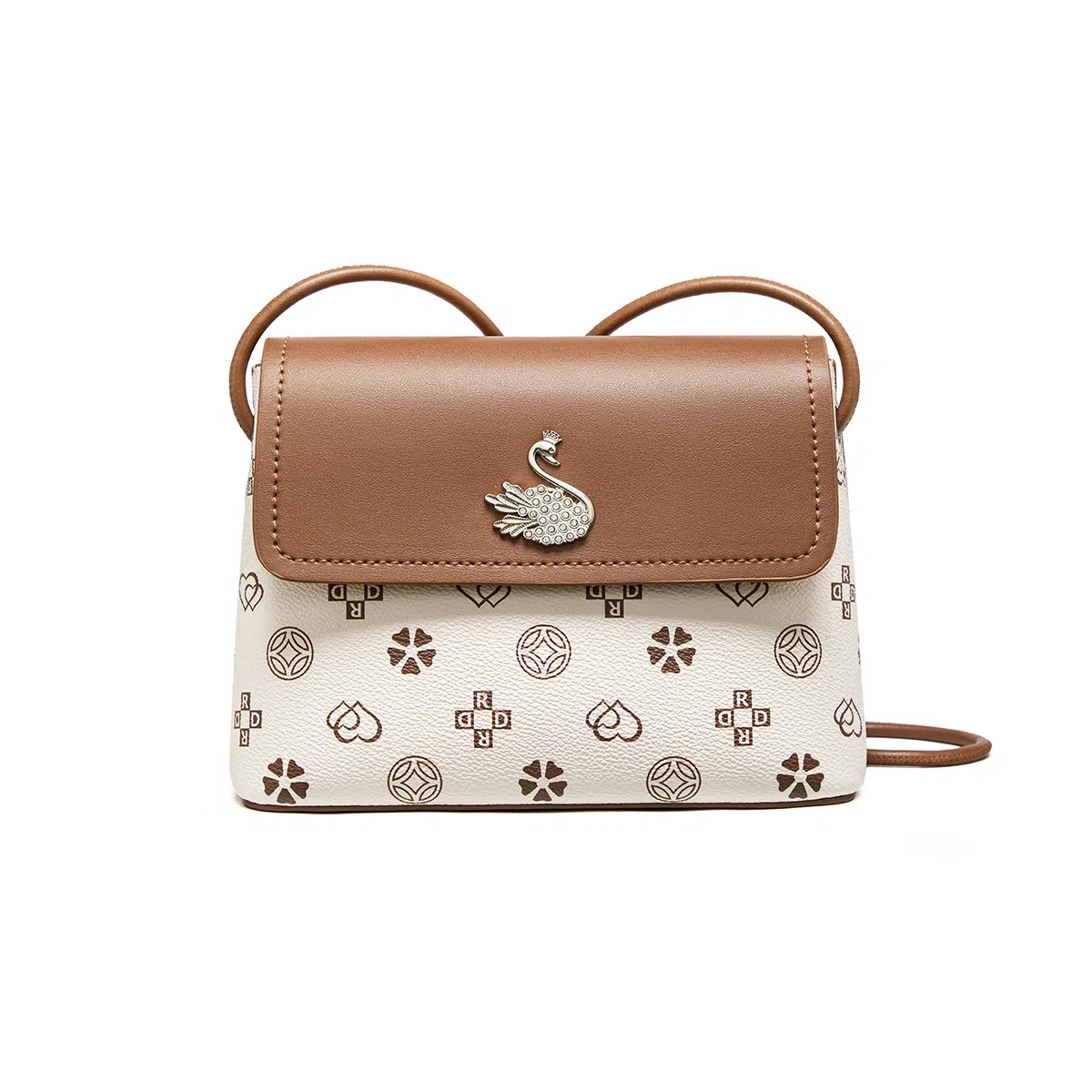 红蜻蜓 复古老花满印通勤 聚氯乙烯拼人造革 单肩斜挎包 女款 樱花粉/威化棕/棕米白