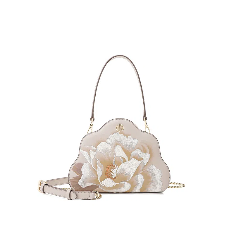 古伊西 国色牡丹云朵包 中国风刺绣工艺 牛皮 新中式简约小众手提斜挎单肩包中号 女款 石蕊红