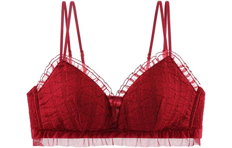 浪莎 纯色蕾丝花边聚拢文胸 深红色