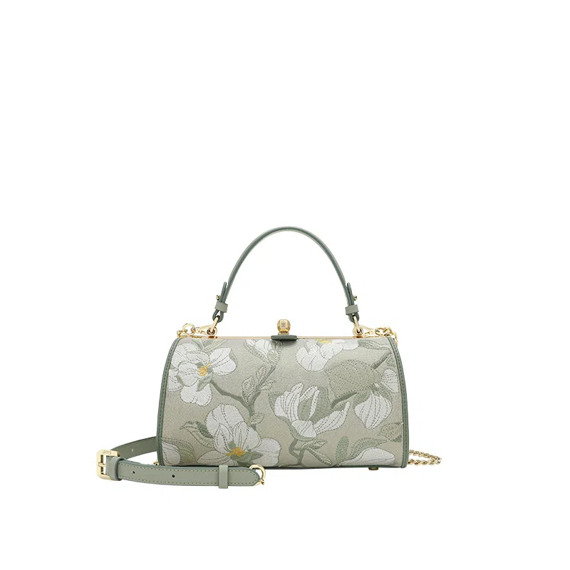 古伊西 玉兰满庭芳 新中式国风刺绣工艺 牛皮 斜挎包 中号 女款 柳芽绿