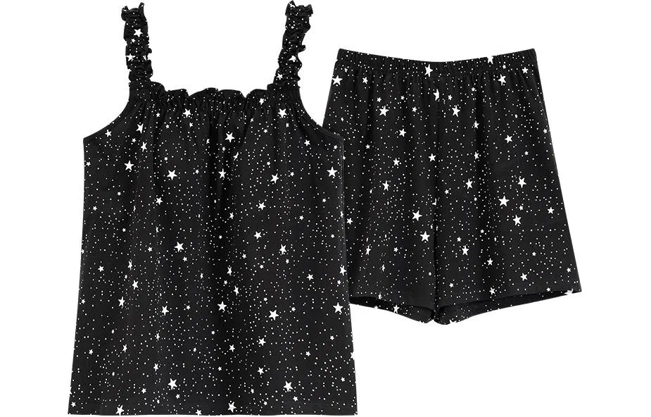 浪莎 简约舒适上衣松紧腰短裤睡衣套装 女款 黑色