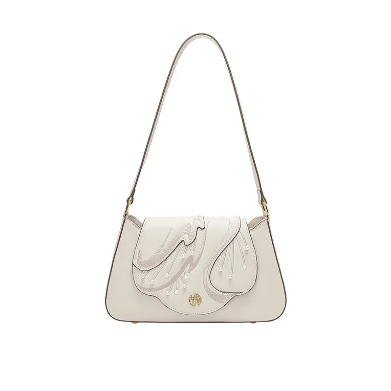 古伊西 白天鹅系列 新中式国风刺绣单肩包 牛皮 小众设计时尚马面裙旗袍腋下包 女款 雅白