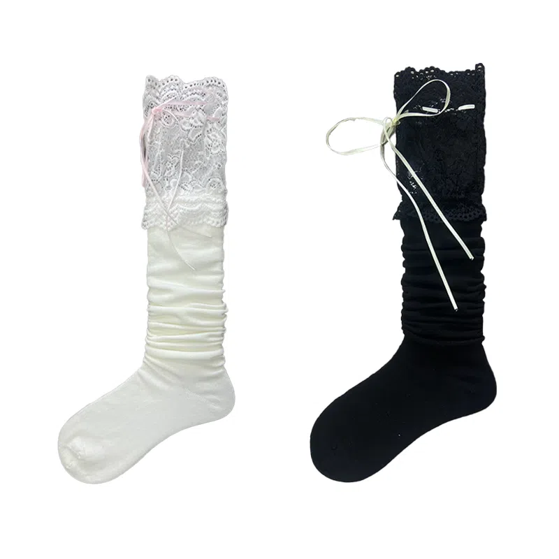 夜间教习室 蕾丝拼接蝴蝶结日系洛丽塔少女甜美过膝袜 女款