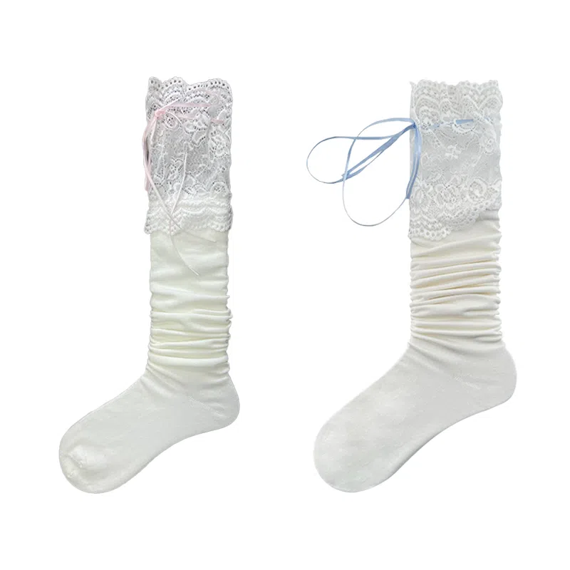 夜间教习室 蕾丝拼接蝴蝶结日系洛丽塔少女甜美过膝袜 女款