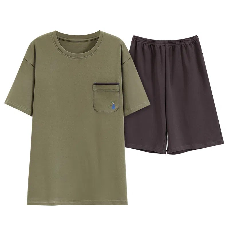 莫代尔 圆领简约舒适短袖上衣松紧腰纯色五分裤睡衣套装 男款 橄榄色