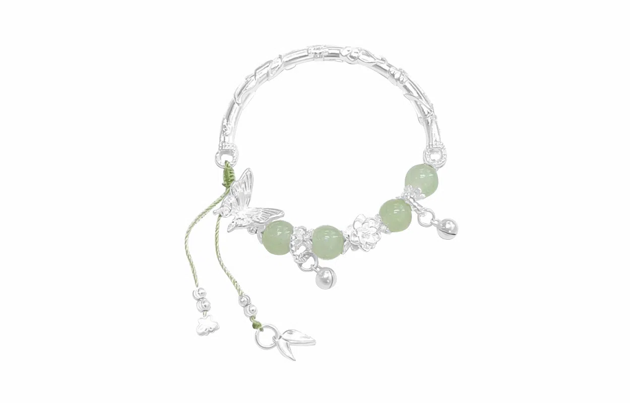 牧言 国潮复古新中式森系气质简约小众设计高级感 光面立体蝶梦花朵流苏铃铛竹叶半镯半链手饰 合金 条纹蝴蝶手镯 女款