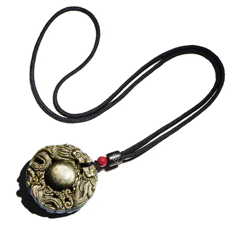 易明居 双龙护主 霸气招财 新中式十二生肖 守护神项链 六字真言转运珠  黑曜石 玉石吊坠 男女同款情侣款 佛牌 生日 男友 礼物