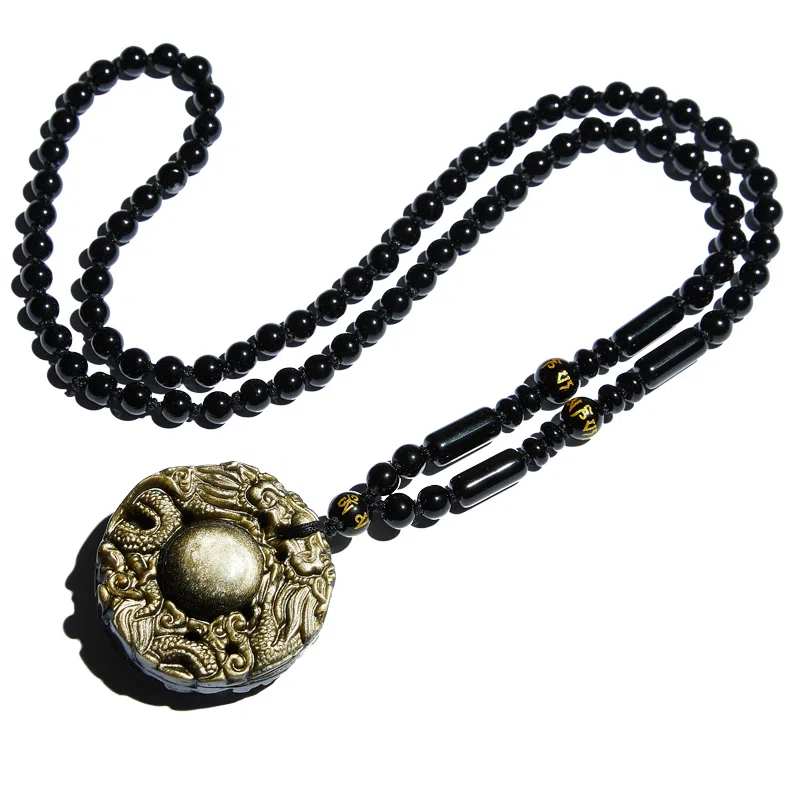 易明居 双龙护主 霸气招财 新中式十二生肖 守护神项链 六字真言转运珠  黑曜石 玉石吊坠 男女同款情侣款 佛牌 生日 男友 礼物