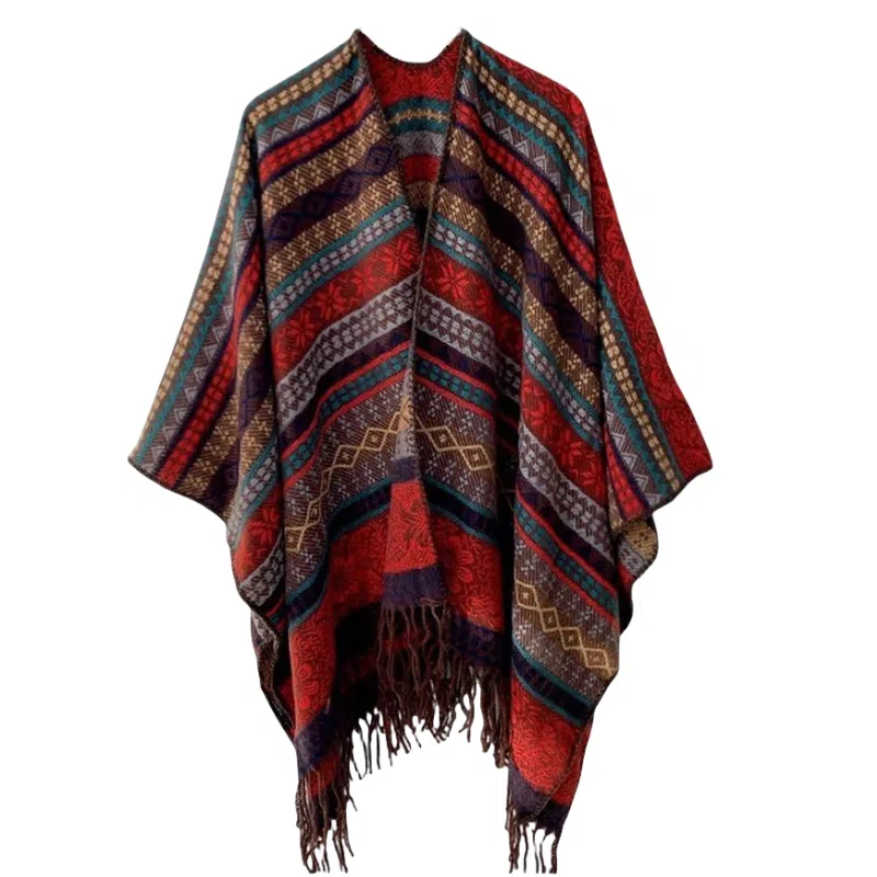 北极绒 复古流苏条纹民族风保暖披风 披肩 女款