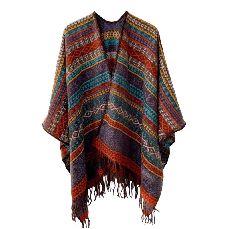 北极绒 复古流苏条纹民族风保暖披风 披肩 女款