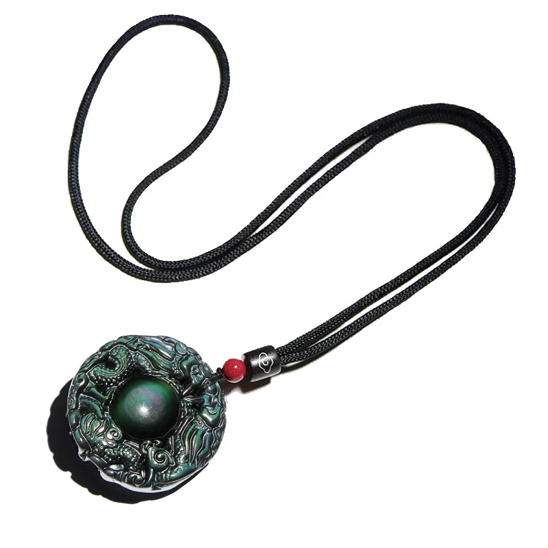 易明居 双龙护主 霸气招财 新中式十二生肖 守护神项链 六字真言转运珠  黑曜石 玉石吊坠 男女同款情侣款 佛牌 生日 男友 礼物