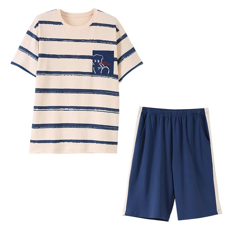 莫代尔 薄款韩版卡通条纹短袖五分裤家居服可外穿睡衣套装 男款 杏色
