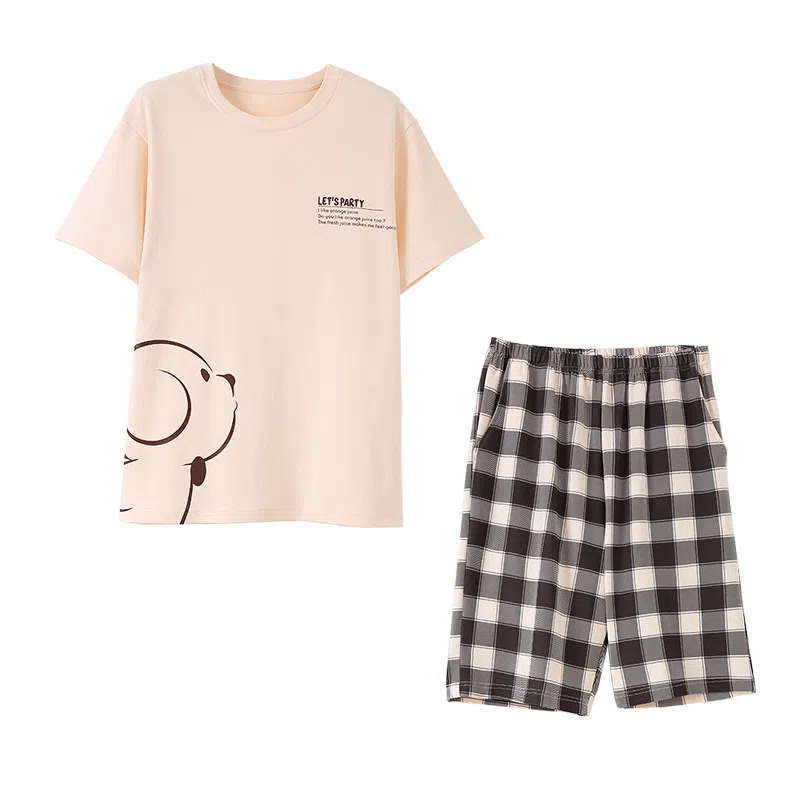 莫代尔 薄款舒适亲肤韩版卡通时尚经典短袖五分裤家居服可外穿睡衣套装 男款 杏色