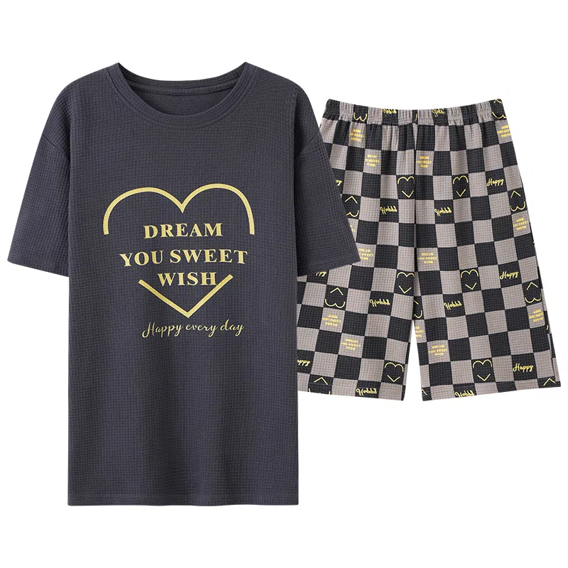 莫代尔 简约字母时尚韩版舒适亲肤透气短袖松紧带可外穿休闲五分裤睡衣套装 男款 浅灰色