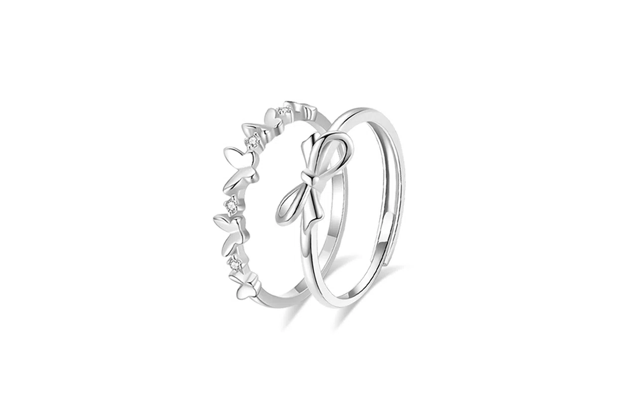 牧言 冷淡风气质简约小众设计高级感 光面立体莫比乌斯交织素圈蝶梦蝴蝶结对戒可调节指环 合金 蝶恋戒指 男女同款情侣款