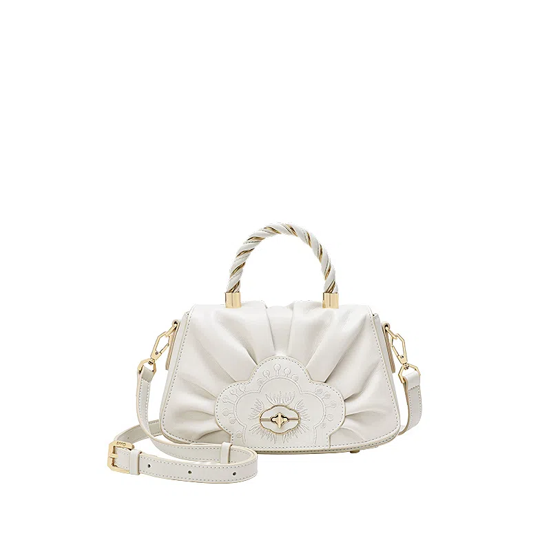 古伊西国 喜上梅梢新中式褶皱小方包 中国风刺绣工艺 牛皮 编织手提设计 复古旗袍斜挎包 小号 女款 芡实白