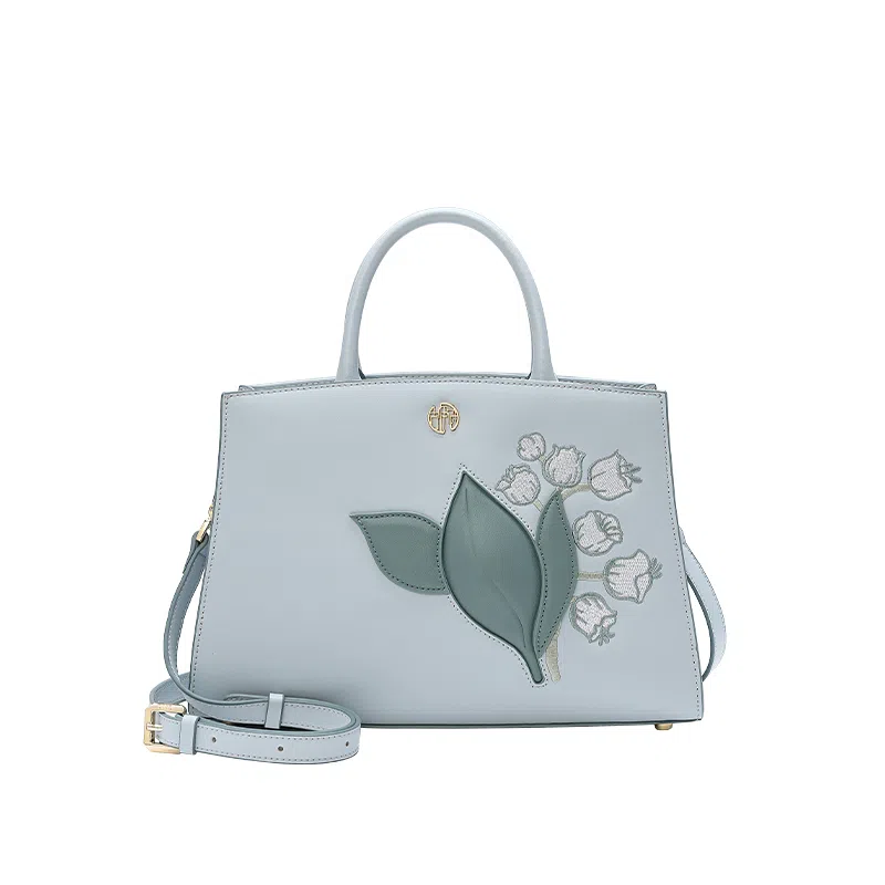 古伊西 铃兰系列新中式大容量手提包 中国风铃兰花刺绣工艺牛剖层皮革高级感大气妈妈包中年斜挎包 中号 女款 云水蓝