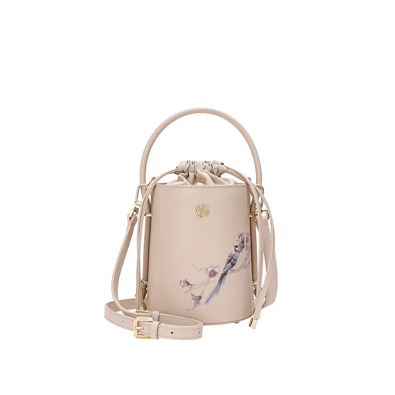 古伊西 喜鹊鸣枝新中式圆筒包 中国风印花工艺 牛皮 旗袍手提包单肩斜挎包 小号 女款 淡樱粉