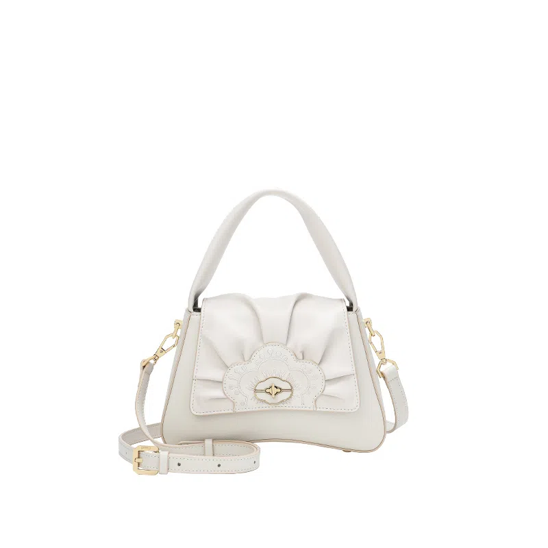 古伊西 喜上梅梢新中式复古褶皱包 中国风刺绣工艺 牛皮 旗袍手拎斜挎包 小号 女款 芡实白