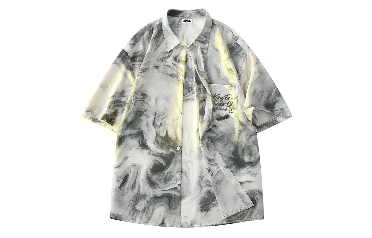 功夫熊猫 港风高街潮牌手绘字母印花水墨扎染撞色系薄纱外套显瘦百搭排扣设计时尚宽松休闲凉感速干短袖衬衫 男女同款