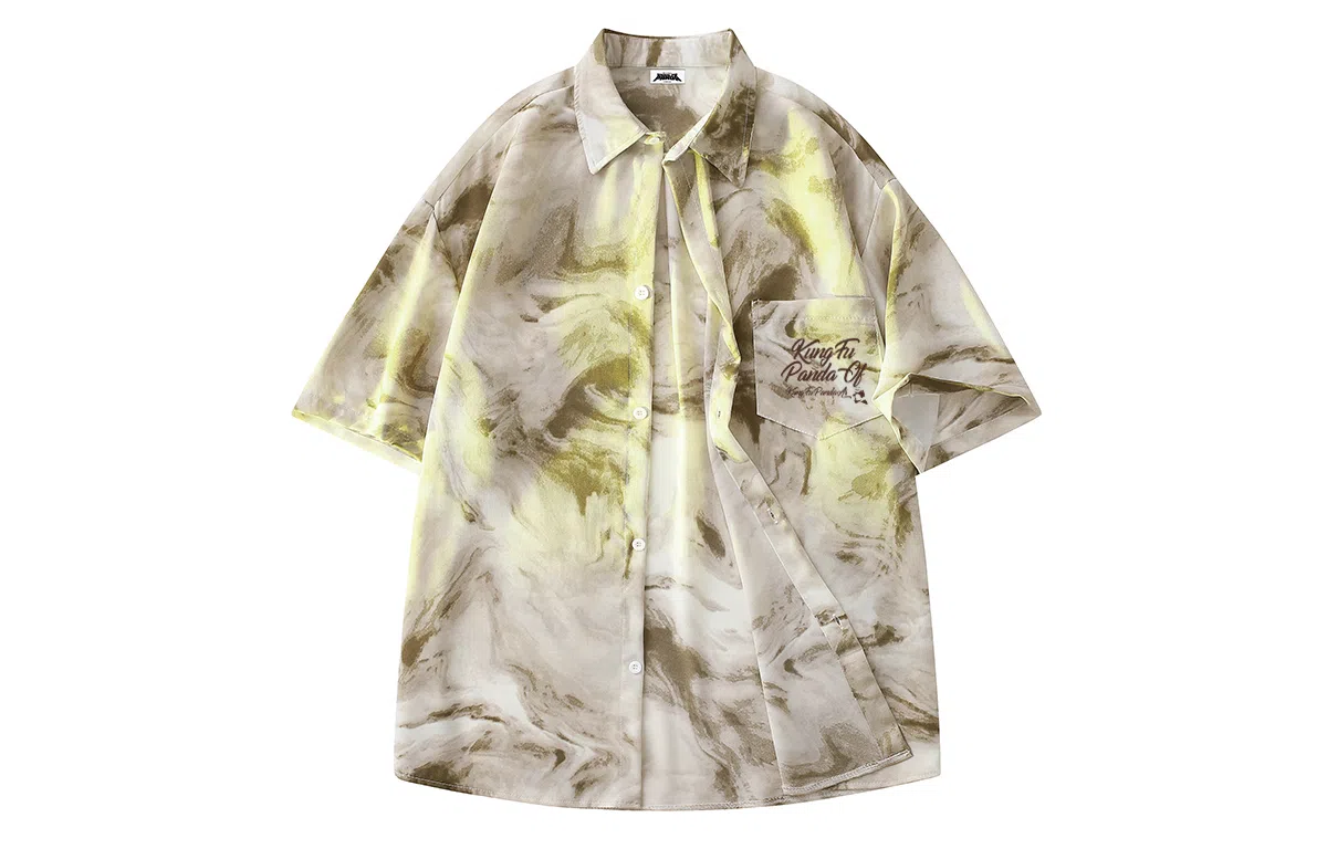 功夫熊猫 港风高街潮牌手绘字母印花水墨扎染撞色系薄纱外套显瘦百搭排扣设计时尚宽松休闲凉感速干短袖衬衫 男女同款