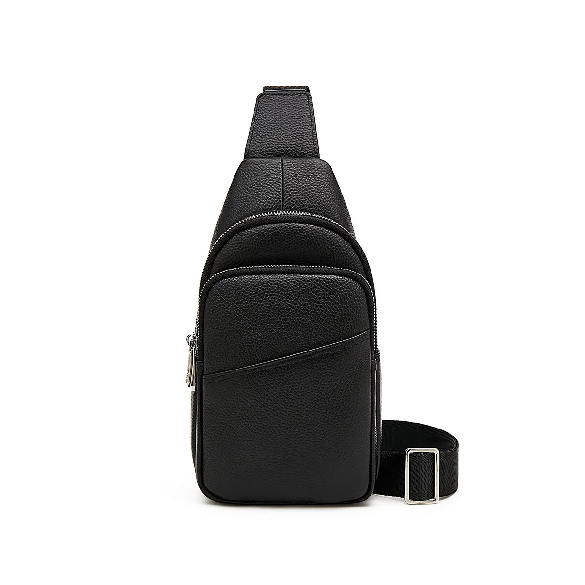 老人头 高级百搭真皮时尚 头层牛皮 单肩斜挎胸包 男款 黑色