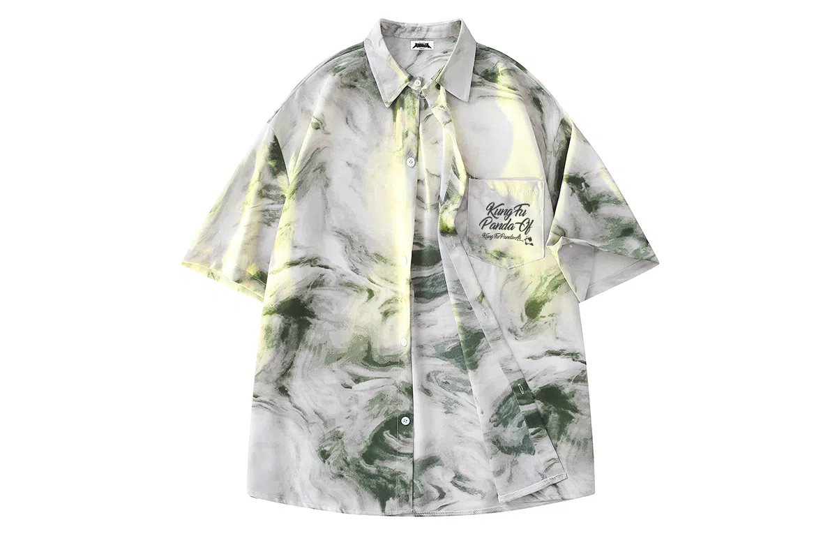 功夫熊猫 港风高街潮牌手绘字母印花水墨扎染撞色系薄纱外套显瘦百搭排扣设计时尚宽松休闲凉感速干短袖衬衫 男女同款