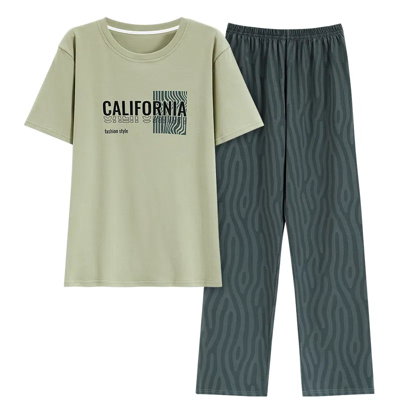 芬腾可安 韩版简约时尚亲肤舒适短袖可外穿休闲长裤睡衣套装 男款 抹茶色