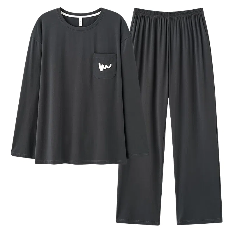 鸭鸭 舒适柔软透气圆领长袖可外穿简约套头上衣松紧腰长裤睡衣套装 男款 岩灰