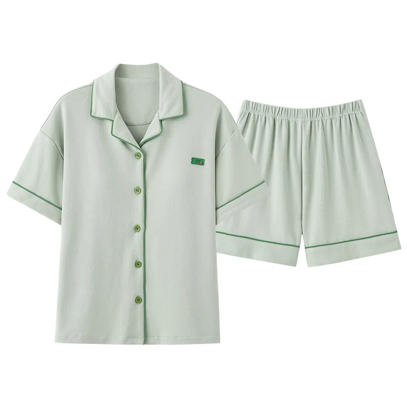 莫代尔 简约时尚纯色亲肤舒适翻领开衫短袖上衣松紧休闲可外穿三分裤睡衣套装 女款 果绿色