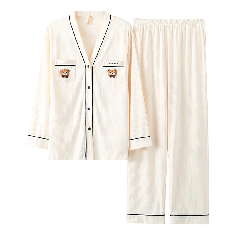 莫代尔 纯棉细腻纽扣不伤手舒适亲肤柔软透气微弹开衫长袖松紧裤腰不勒腹长裤居家休闲可外穿睡衣套装 女款 杏色