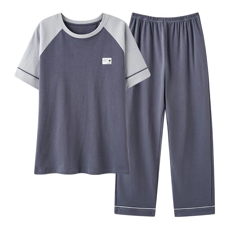 莫代尔 时尚纯色韩系舒适透气亲肤圆领套头短袖上衣双口袋松紧带长裤居家休闲可外穿睡衣套装 男款 图片色