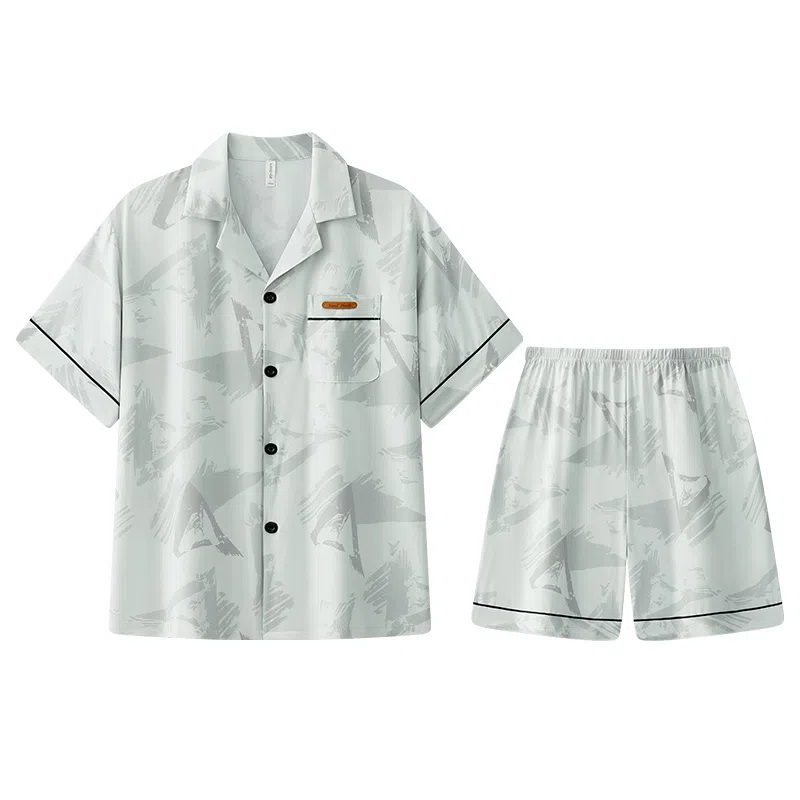 兰缪 简约凉感休闲可外穿短袖翻领上衣松紧腰短裤睡衣套装 男款 高级黑