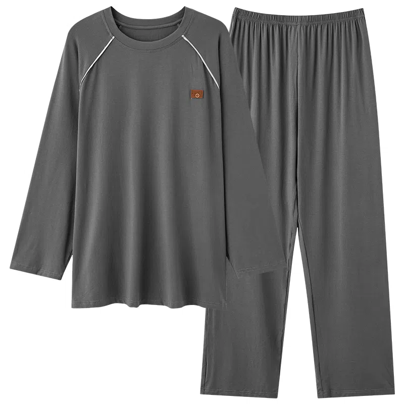 莫代尔 休闲居家韩系纯色舒适时尚透气亲肤套头圆领长袖上衣双口袋松紧带长裤可外穿男士睡衣套装 男款 灰色