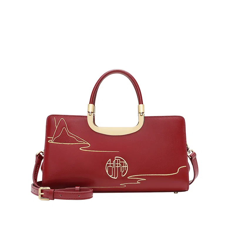 古伊西 云山绵延新中式大气妈妈包 中国风刺绣工艺 牛皮 红色结婚新娘包高级感婚礼手提包 中号 女款 开门红