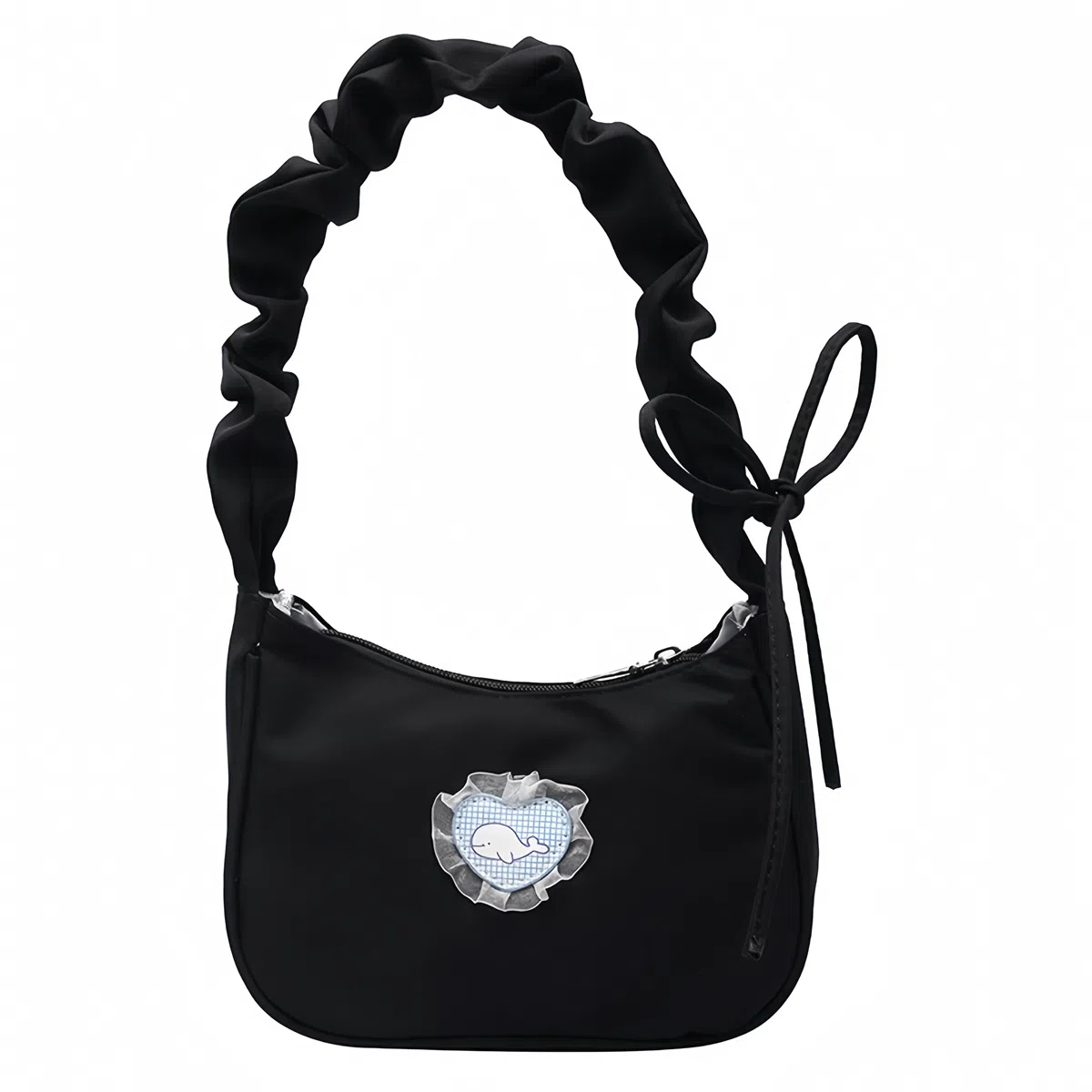 爱心设计感腋下包月亮包褶皱可爱抽绳手提包 帆布 单肩包 常规 女款 白色/黑色