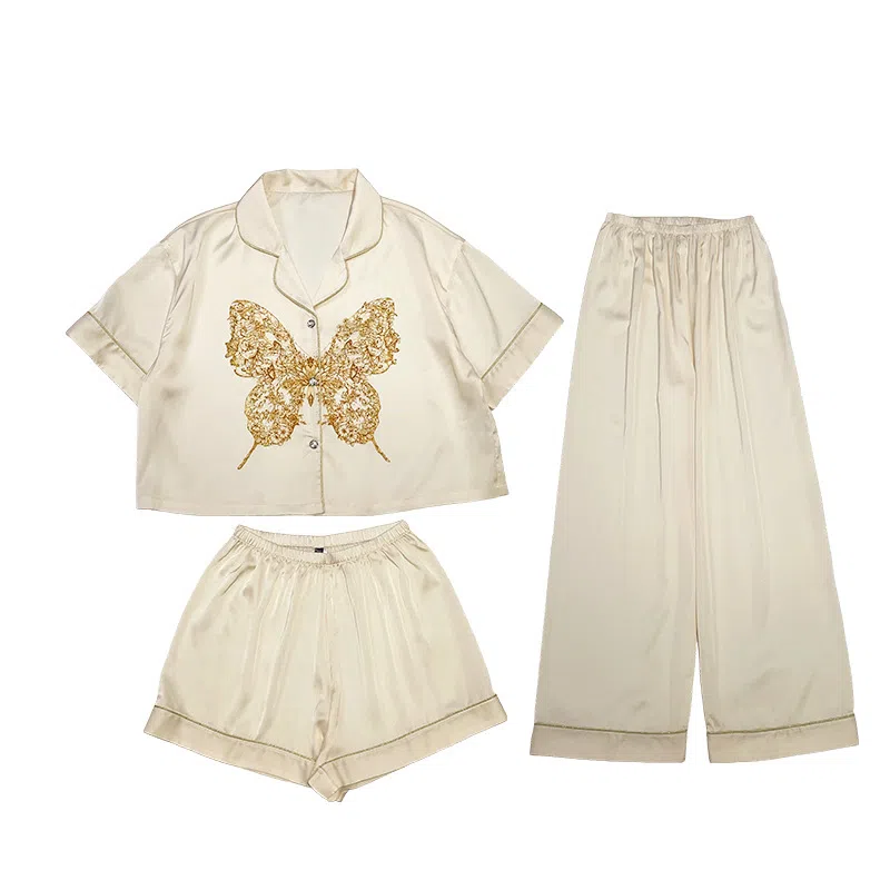 花蔓色 简约亲肤舒适透气蝴蝶印花开衫短袖休闲可外穿三分裤长裤睡衣套装 女款 米白色