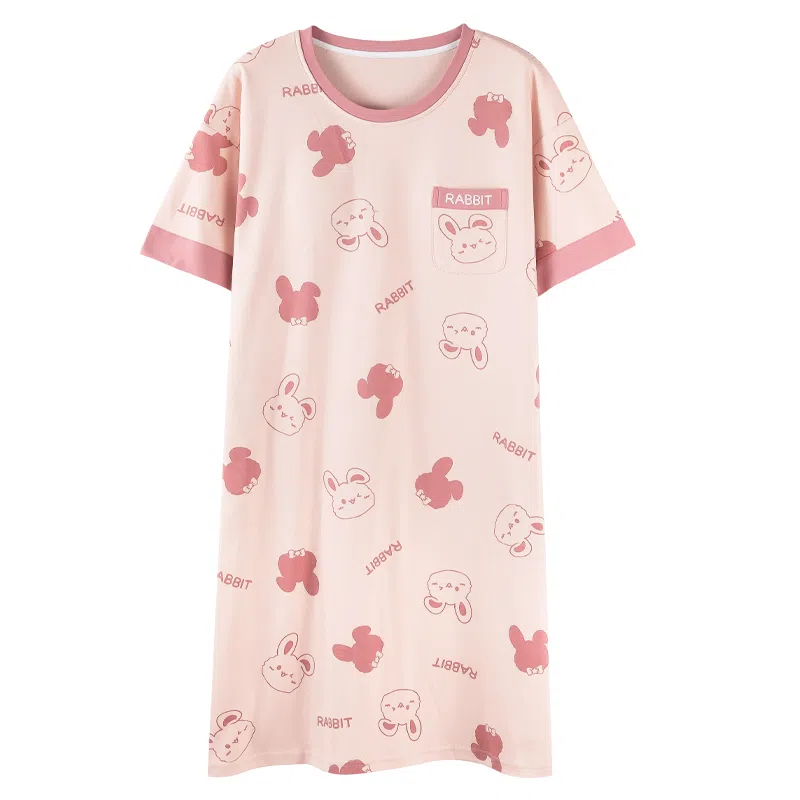 莫代尔 柔软舒适细腻透气微弹耐磨带胸垫防凸点亲肤休闲可外穿短袖睡裙 女款 淡粉色