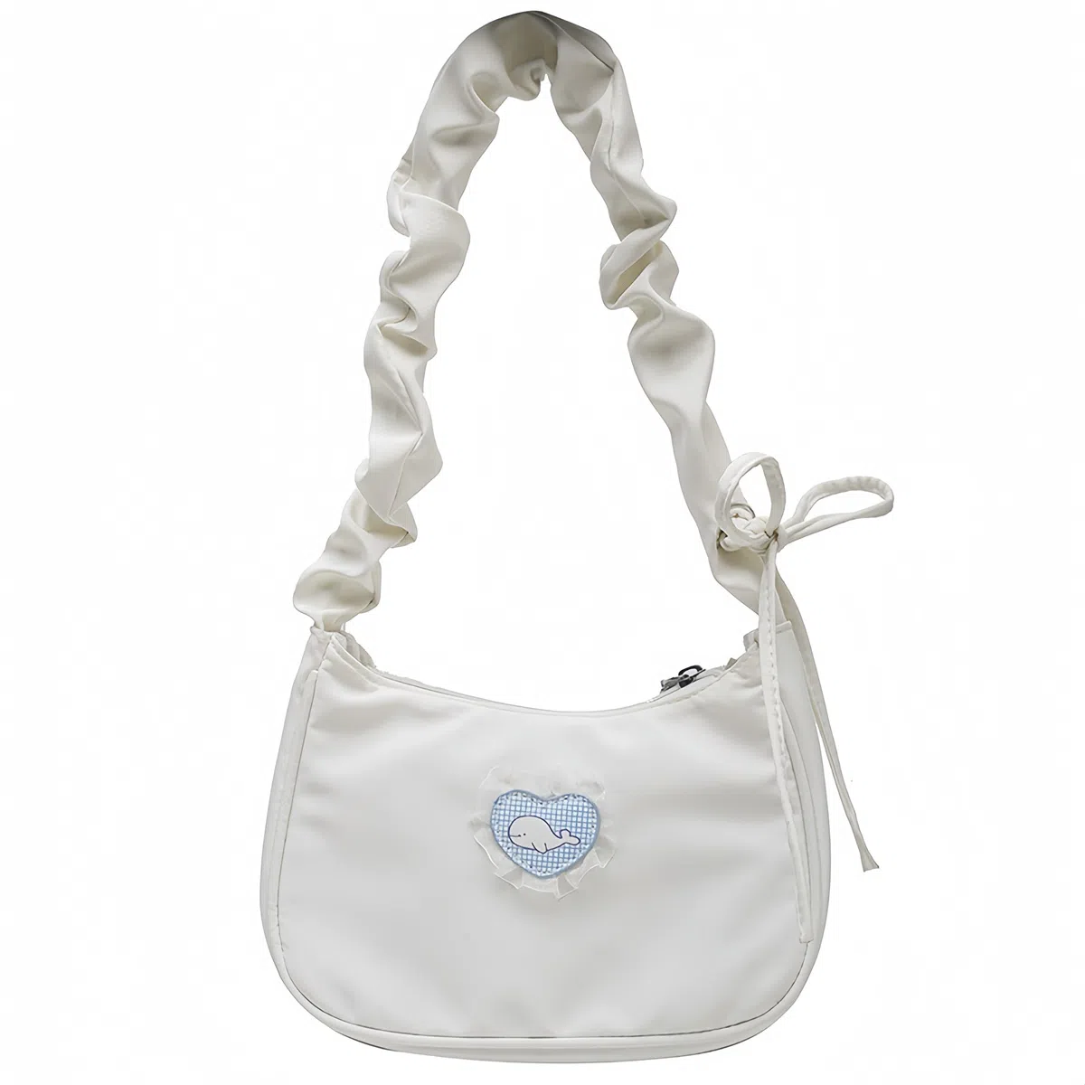 爱心设计感腋下包月亮包褶皱可爱抽绳手提包 帆布 单肩包 常规 女款 白色/黑色