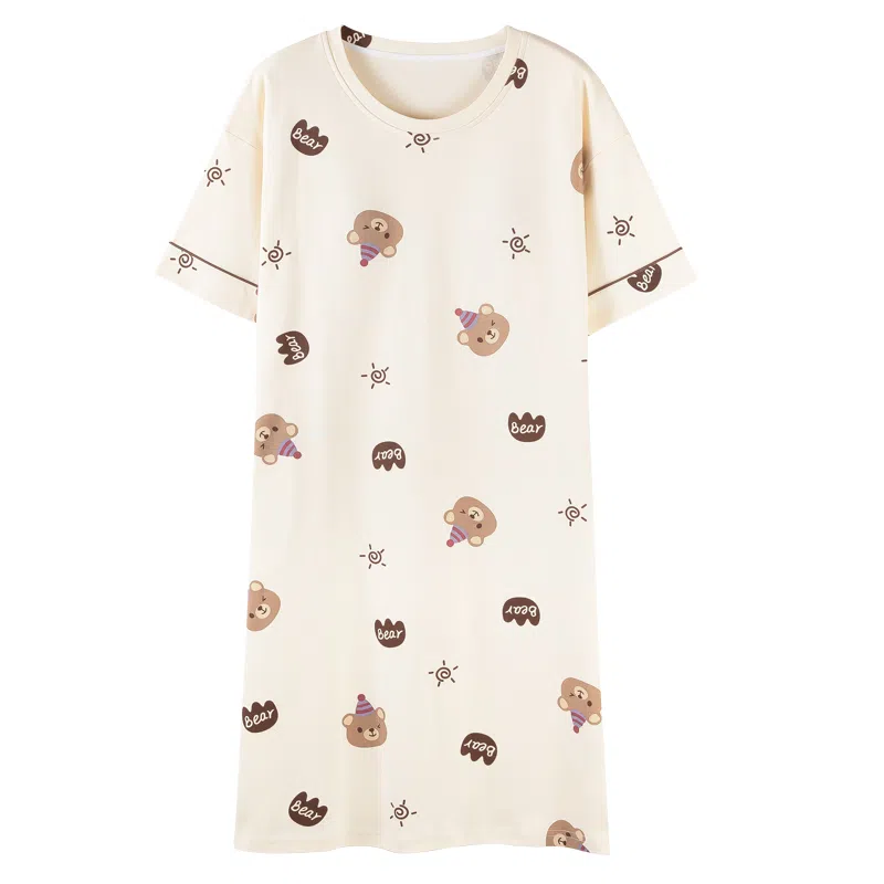 莫代尔 简约柔软舒适细腻透气耐磨微弹带胸垫防凸点亲肤休闲可外穿短袖睡裙 女款 杏色