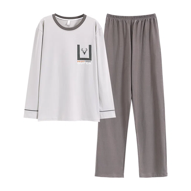 芬腾可安 简约舒适亲肤休闲长袖长裤家居服可外穿睡衣套装 男款 浅灰色