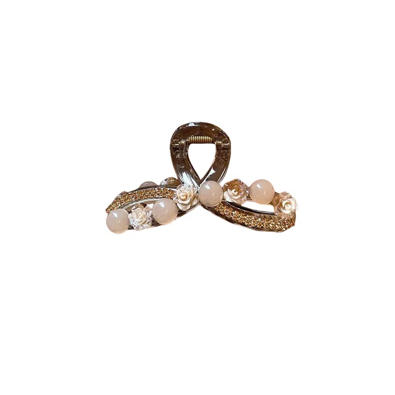 水中玉 优雅小香风山茶花珠珠抓夹女高端后脑勺盘发鲨鱼夹子头饰 发夹 女款