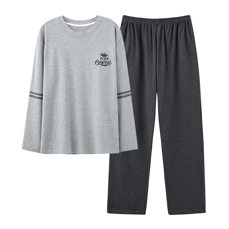 莫代尔 纯色简约亲肤休闲套头圆领长袖长裤可外穿睡衣套装 男款 浅花灰