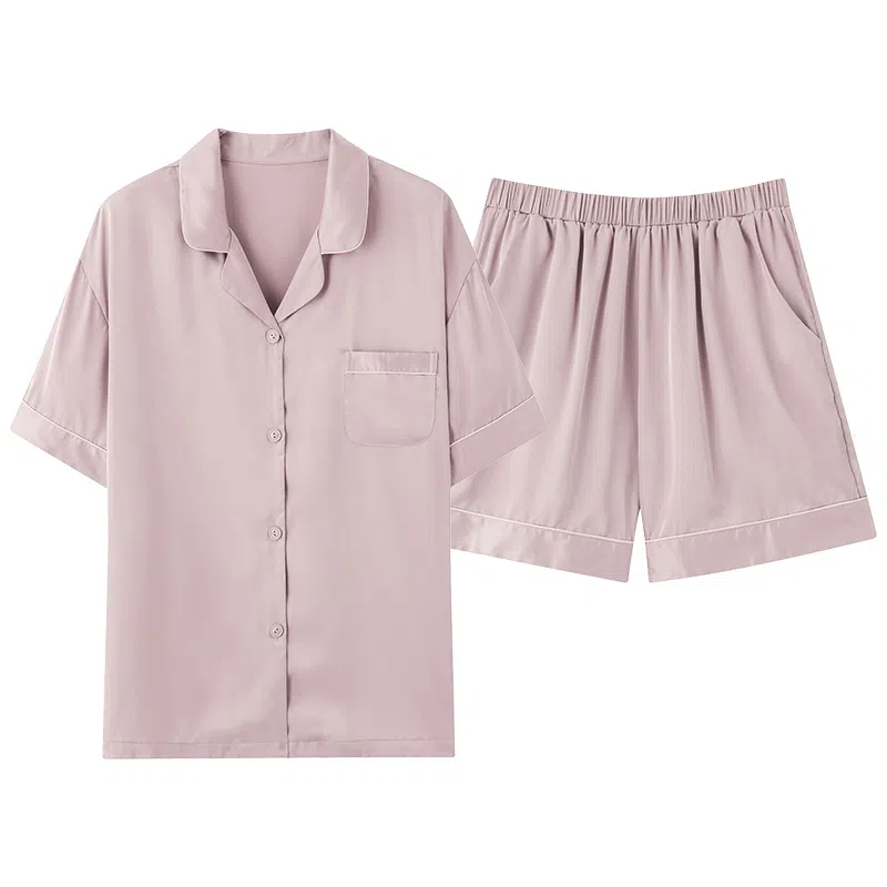 俞兆林 简约轻奢亲肤舒适翻领开衫短袖高级感可外穿三分裤睡衣套装 女款 粉色