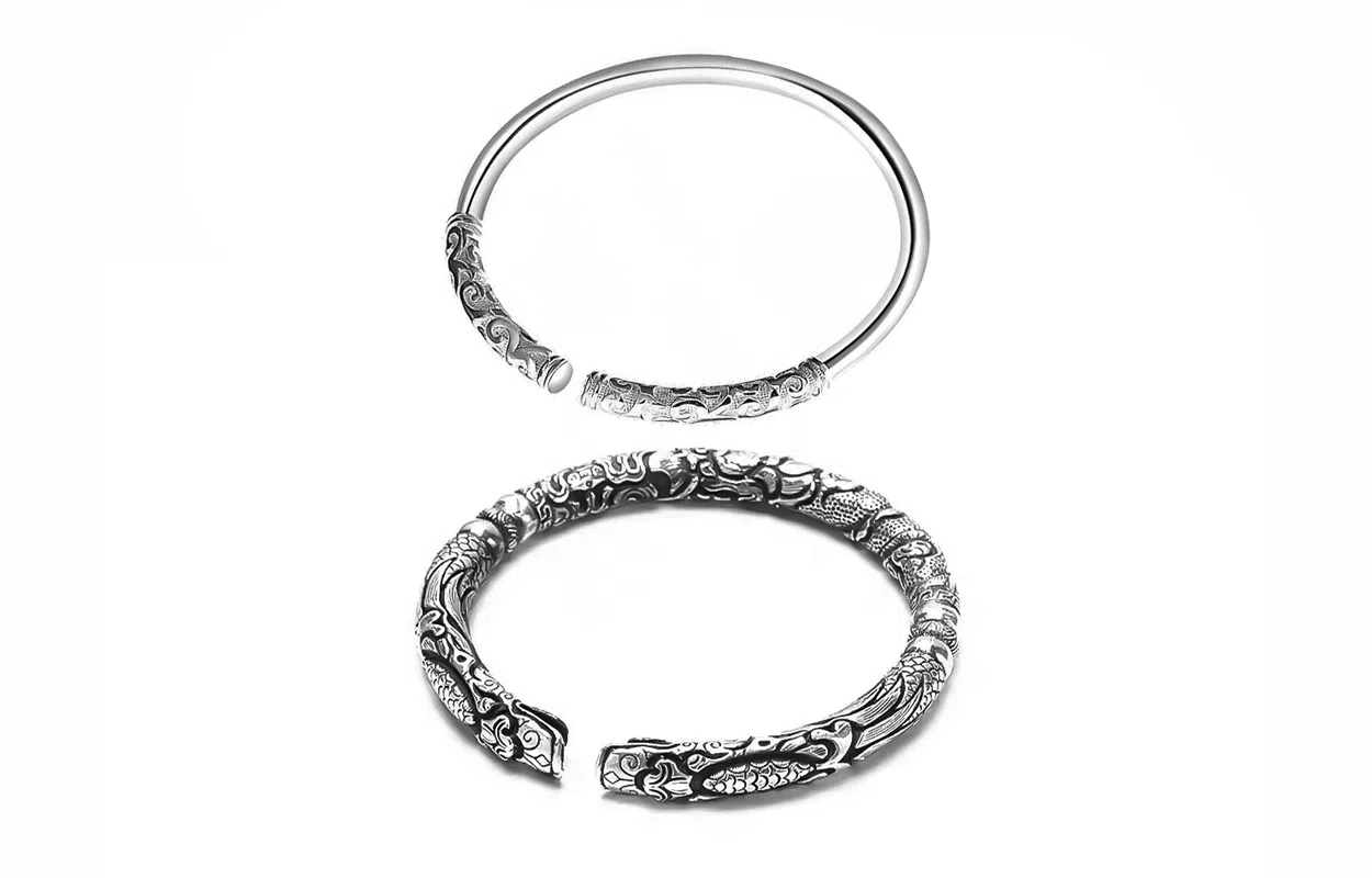 牧言 国潮复古做旧中式民族风简约小众设计高级感 立体十二生肖龙双响龙纹开口手饰 合金 双龙头手镯 男款