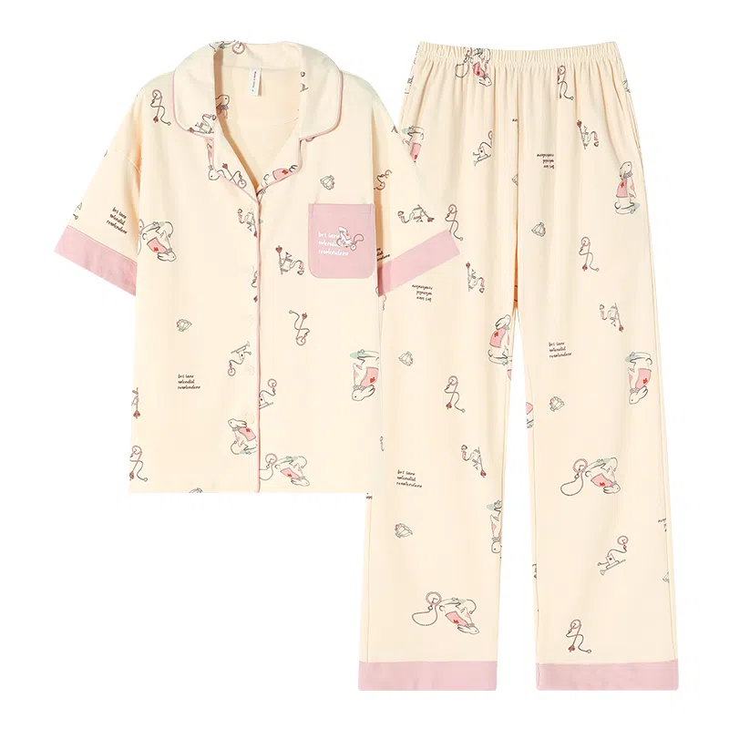 莫代尔 亲肤舒适细腻柔软透气微弹耐磨吸汗上衣口袋开衫短袖弹力裤腰不勒腹长裤可居家休闲可外穿睡衣套装 女款 杏色