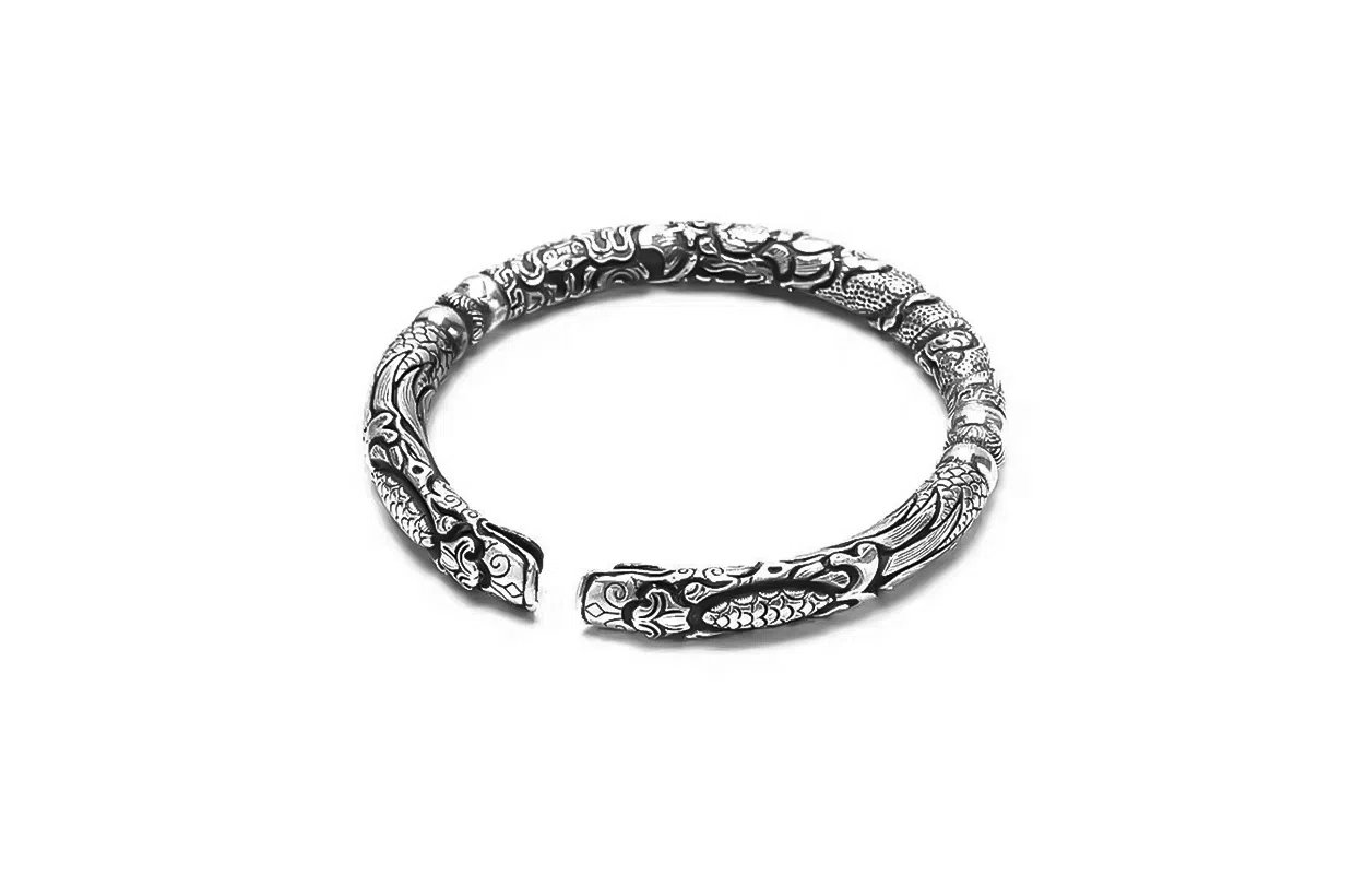 牧言 国潮复古做旧中式民族风简约小众设计高级感 立体十二生肖龙双响龙纹开口手饰 合金 双龙头手镯 男款