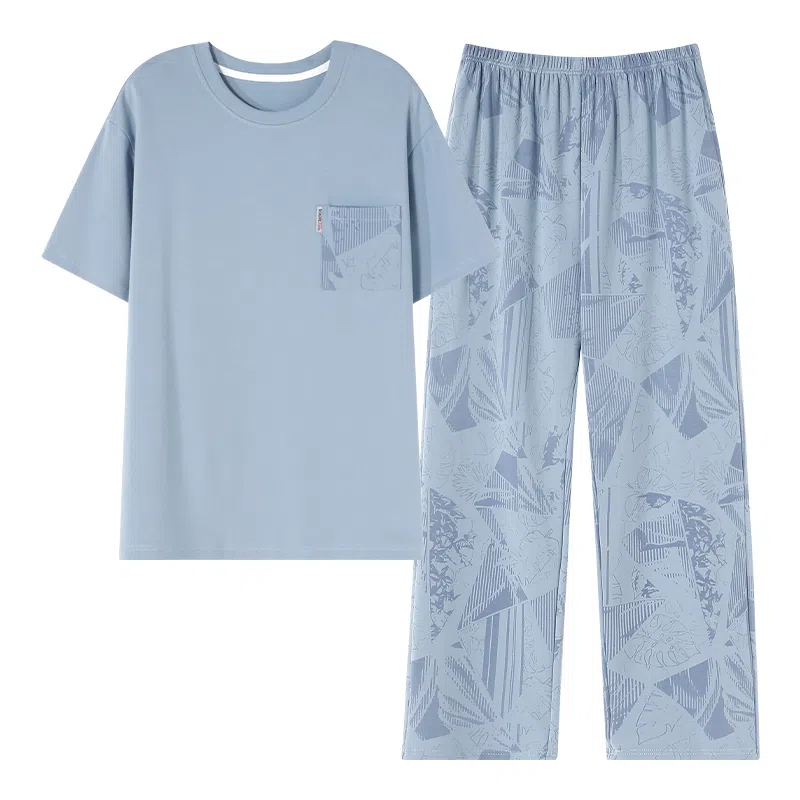 莫代尔 柔软舒适亲肤透气微弹耐磨吸湿排汗短袖松紧裤腰不勒腹长裤可居家休闲可外穿睡衣套装 男款 粉蓝色