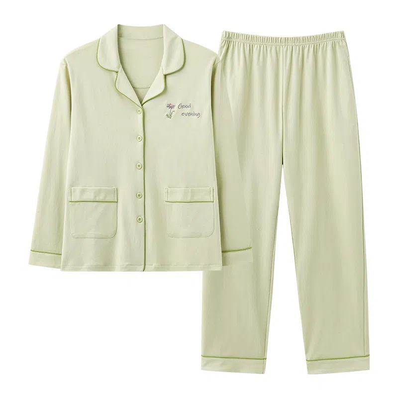 莫代尔 时尚舒适休闲纯色格纹居家翻领开衫长袖上衣双口袋松紧带长裤可外穿睡衣套装 女款 香槟色